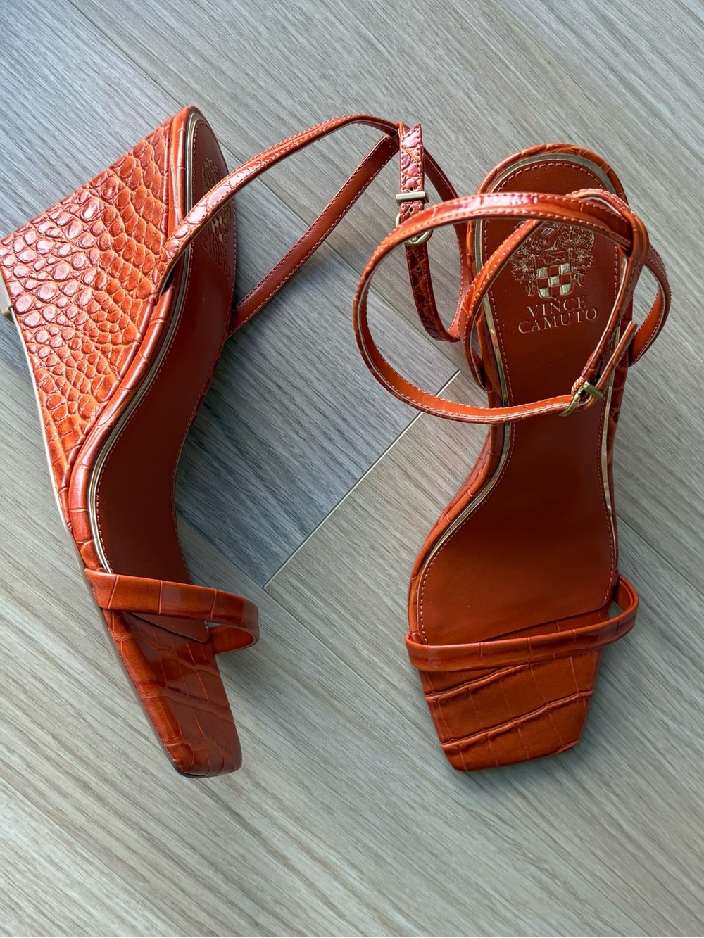 Burnt Orange Croc-Embossed Wedge Sandals